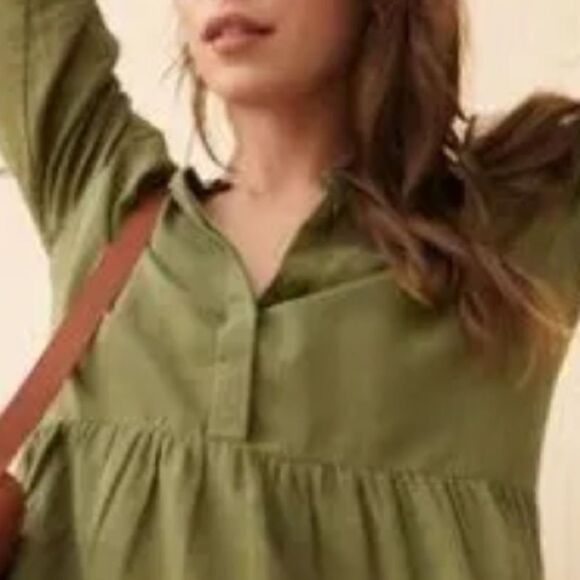 New Jenni Kayne James Tiered A-Line Dress 3/4 Sleeve Moss Green Large Linen - Picture 3 of 16